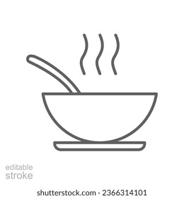 Un tazón de un ícono de sopa. Plato de comida a vapor, plato de comida caliente con cuchara dentro para el restaurante, café en aplicaciones móviles y sitio web. Ilustración del vector de trazo editable. Diseño en fondo blanco. EPS 10