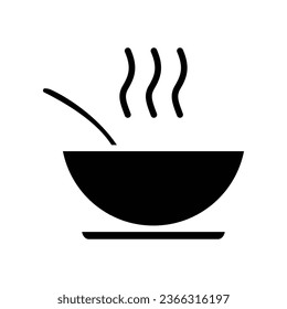 A bowl of soup icon. Steam food plate, hot meal dish with spoon inside for restaurant, cafe in mobile apps and website. Glyph style pictogram. vector illustration. Design on white background. EPS 10