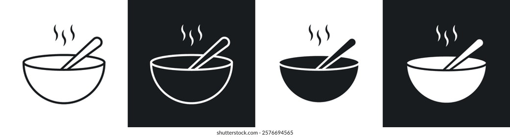 Bowl of soup icons collection in black and white solid and line style