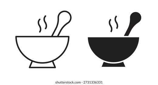 Schale Suppe Icons Sammlung. Dünne lineare und schwarze flache Symbole