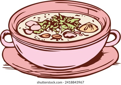 Una ilustración de Bowl Soup retrata una escena deliciosa y reconfortante de un cuenco lleno de sopa humeante y salada