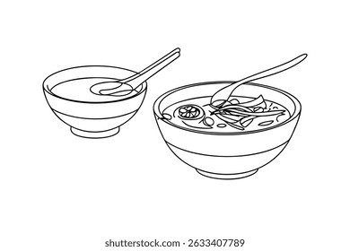 Bowl Of Soup Line Art With Spoon Illustration Simple And Minimalist Design