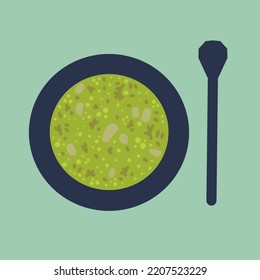 a bowl of soup. logo. green soup and spoon