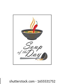 bowl of soup with pepper and ladle isolated on white background