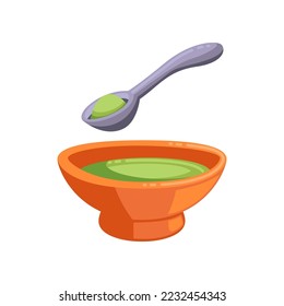 Bowl of soup or porrige for children cartoon illustration. Cute baby food or product isolated on white background. Complementary food, nutrition concept.
