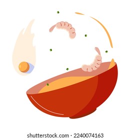 bowl with soup, shrimp and egg, vector illustration