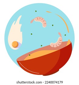 bowl with soup, shrimp and egg, vector illustration in blue colors