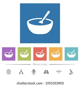Bowl of soup with spoon flat white icons in square backgrounds. 6 bonus icons included.