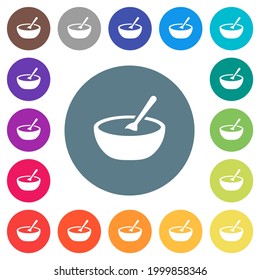Bowl of soup with spoon flat white icons on round color backgrounds. 17 background color variations are included.