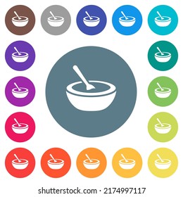 Bowl of soup with spoon flat white icons on round color backgrounds. 17 background color variations are included.