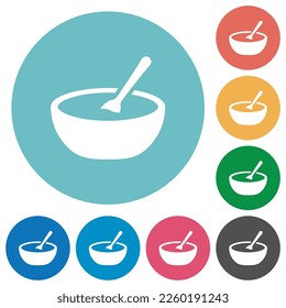 Bowl of soup with spoon flat white icons on round color backgrounds