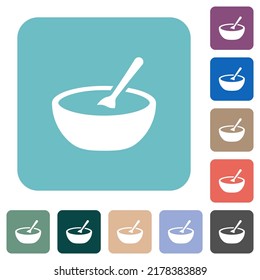 Bowl of soup with spoon white flat icons on color rounded square backgrounds