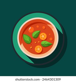 A bowl of soup with tomatoes and basil on a green plate