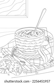 A bowl of soup and two slices of bread. Vector anti stress coloring book.