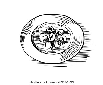 Bowl of soup. Vector line art drawing in engraved style