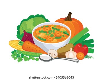 Bowl of soup with vegetables vector illustration. Healthy vegetable soup still life icon vector isolated on a white background. Soup and lots of vegetables drawing. Vegetarian food design element