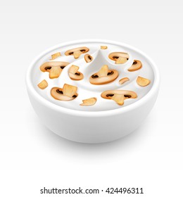 Bowl of Sour Cream Sauce Mayonnaise with Sliced Mushrooms Champignons Close up Isolated on White Background