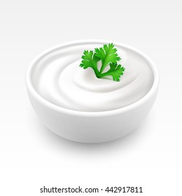 Bowl of Sour Cream Sauce Mayonnaise with Green Parsley Close up Isolated on White Background