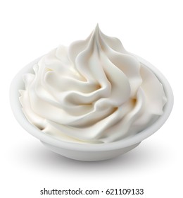 Bowl of Sour Cream Sauce Mayonnaise Ice Cream Close up Isolated on White Background