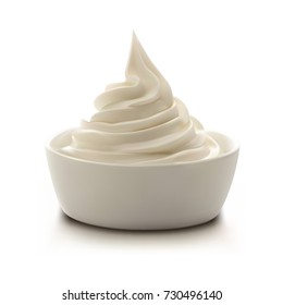 Bowl of Sour Cream Sauce Mayonnaise Ice Cream Close up Isolated on White Background. Vector illustration.