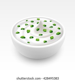 Bowl of Sour Cream Sauce Tartar Mayonnaise with Chopped Green Onion Close up Isolated on White Background
