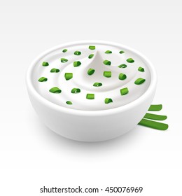 Bowl of Sour Cream Sauce Tartar Mayonnaise with Chopped Green Onion Close up Isolated on White Background