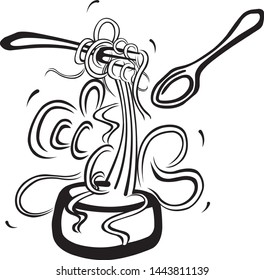 A bowl of spaghetti with fork and spoon. Vector of hand-drawn sketch.