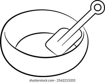 Bowl and spatula cook ware black and white vector line art illustration