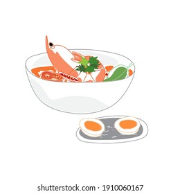 A bowl of spicy tom yum kung soup and boiled egg.