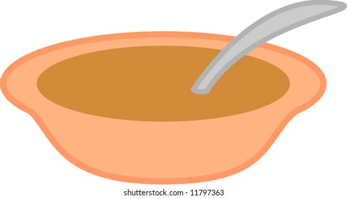 bowl with spoon, can represent soup, cereal, oatmeal, among others