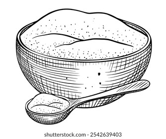 Bowl and spoon of Flour vector illustration. Drawing of dish with curd or sour cream in line art style. Rustic retro outline element painted by black inks. Etching for cookbook. Kitchen utensil.