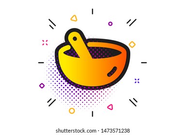 Bowl with spoon sign. Halftone circles pattern. Cooking mix icon. Food preparation symbol. Classic flat cooking mix icon. Vector