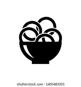 Bowl with squid rings icon. Junk food, snack, onion rings. Meal concept. For topics like food, menu, unhealthy eating.