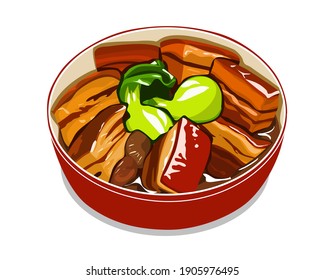 A bowl of stewed pork on white background. Isolated close up hand drawing vector Illustration. 