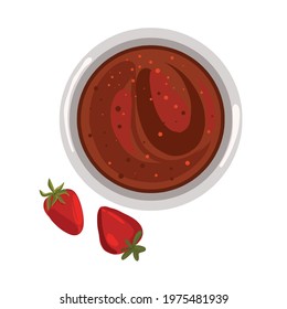 Bowl With Strawberry Jam, Strawberry Berries Vector Flat Illustration, Top View Single Element