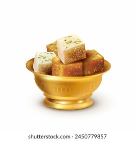 Bowl with sweets halwa and lokum (Turkish delight). Isolated on white. Vector illustration.