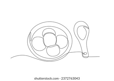 A bowl of tangyuan with a spoon beside it. Dongzhi festival one-line drawing