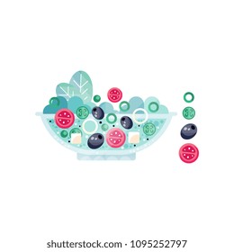 Bowl with tasty Greek salad from tomatoes, cucumbers, olives, onion rings, lettuce leaves and feta cheese. Flat vector design with texture