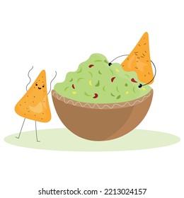 Bowl of tasty guacamole and cute nachos on white background