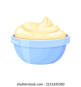 Bowl with the tasty mayonnaise, sauce cheese, cream or yoghurt. Vector isolated illustration for menu fast food restaurants, BBQ. Cup with fresh dairy product Ideal for apps, games, menu and banner.
