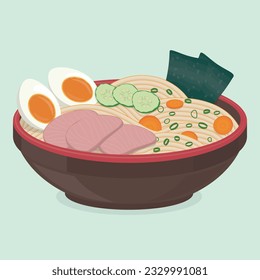 bowl with tasty noodle, tuna, boiled eggs, fresh cucumbers, carrot and green onion