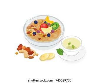 Bowl of tasty oat porridge decorated with fresh tropical fruits and cup of hot green tea isolated on white background. Homemade cereal dish, healthy breakfast meal. Colorful vector illustration.