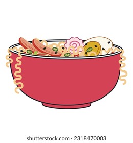 Bowl of tasty ramen soup on white background