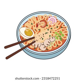 Bowl of tasty ramen soup on white background