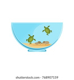 Bowl terrarium with little swimming turtles. Marine reptiles concept. Domestic animals. Home decoration. Graphic vector design in flat style