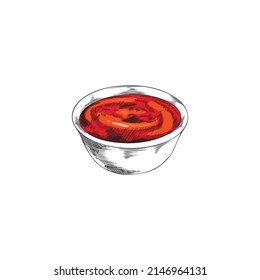 Tazón de salsa de tomate o ketchup dibujo a mano dibujo vectorial ilustración aislado en fondo blanco. Imagen de color de la salsa de tomate rojo para el diseño de empaque de alimentos.