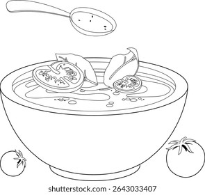 Bowl of tomato soup. Homemade soup with vegetables, tomato soup with sliced tomatoes and spoon. Vector black and white coloring page.