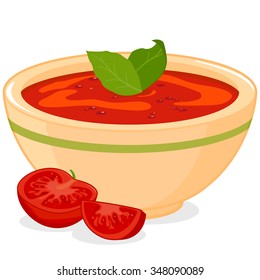 Bowl Of Tomato Soup Served With Basil Leaves. Vector Illustration