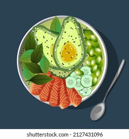 Bowl topped with avocado, basilic, fish, cucember and beans. Top view isolated vector illustration.
