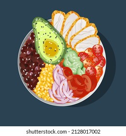 Bowl topped with avocado, chicken, pepper, onion, corn, tomato, cucumber and beans. Top view isolated vector illustration.